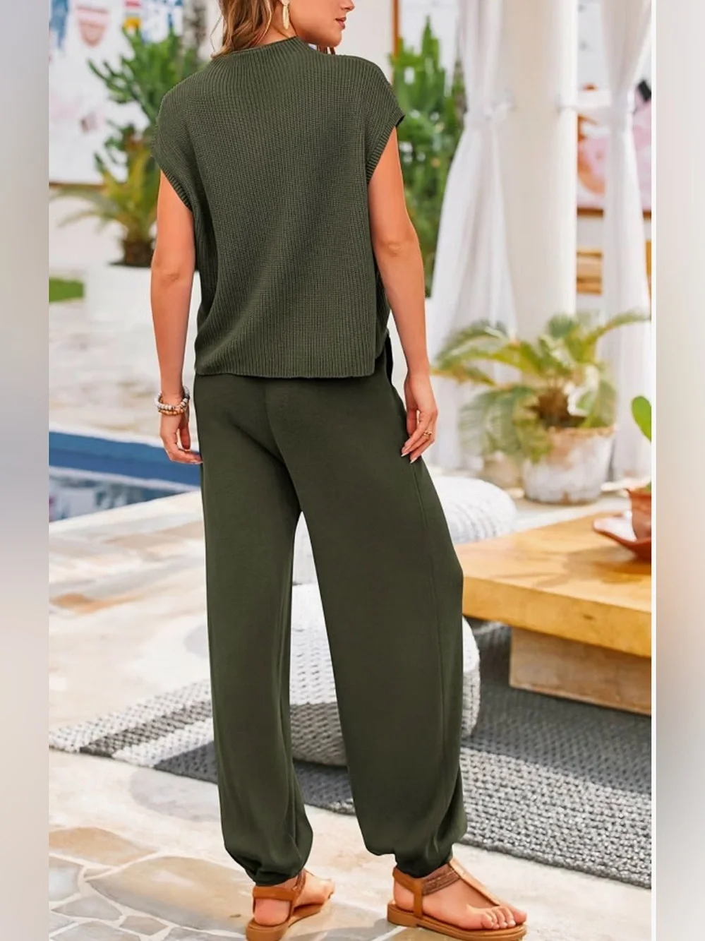 Pretty garden  Olive Knit Sleeveless Top & Jogger Set